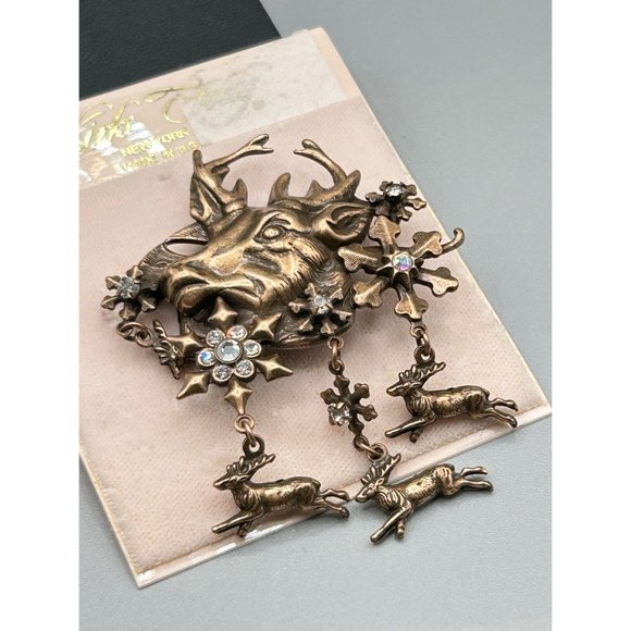 Kirks Folly Deer Reindeer Pin Brooch Dangles Snowflakes New Old Stock On Card - Picture 3 of 5